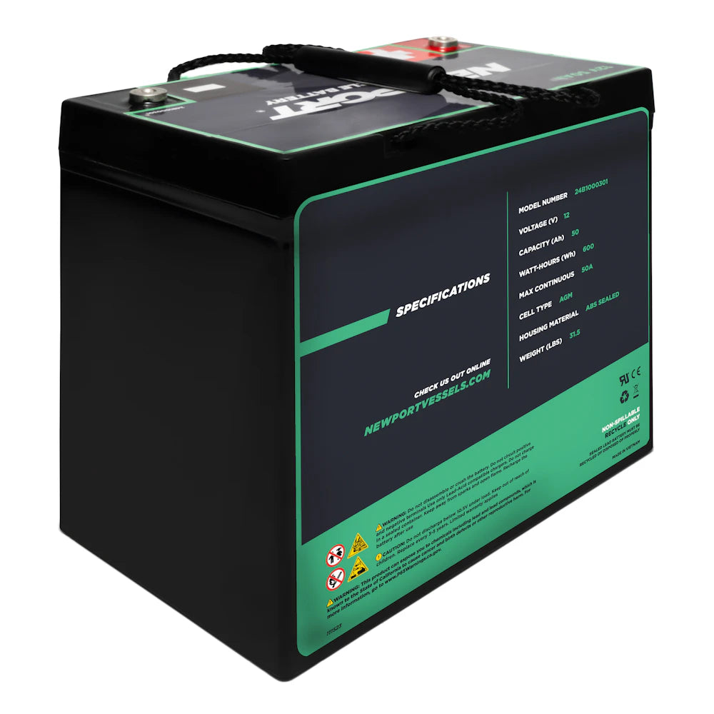 12V 50Ah AMG Battery 3/4 Back View | Newport