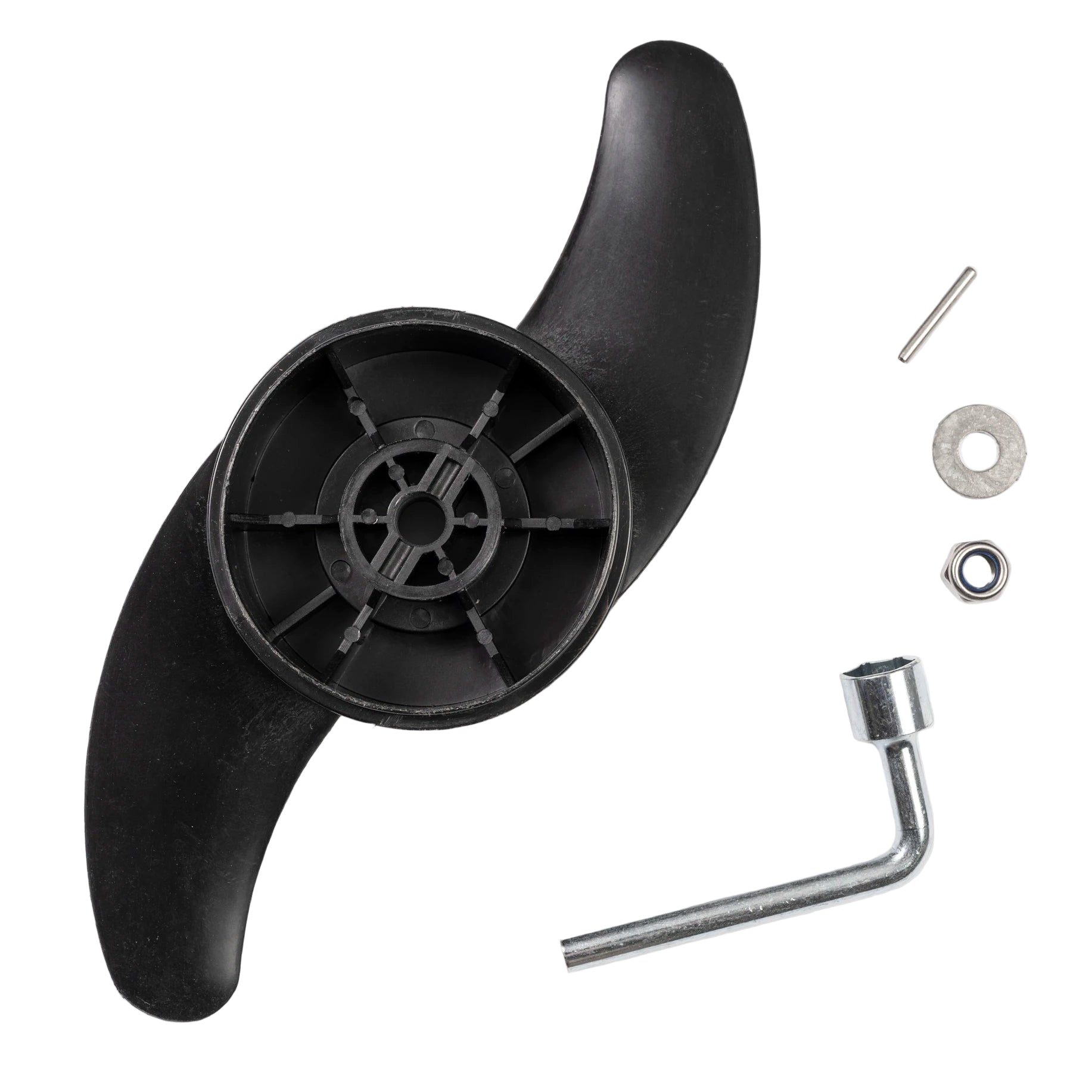 Black propeller blade with hardware on a white background